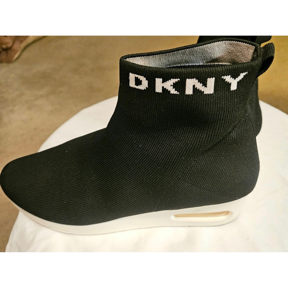 DKNY Maddy Sock Sneaker Booties Womens 11 Black Knit Wedge Logo High Top Shoes - Picture 2 of 8
